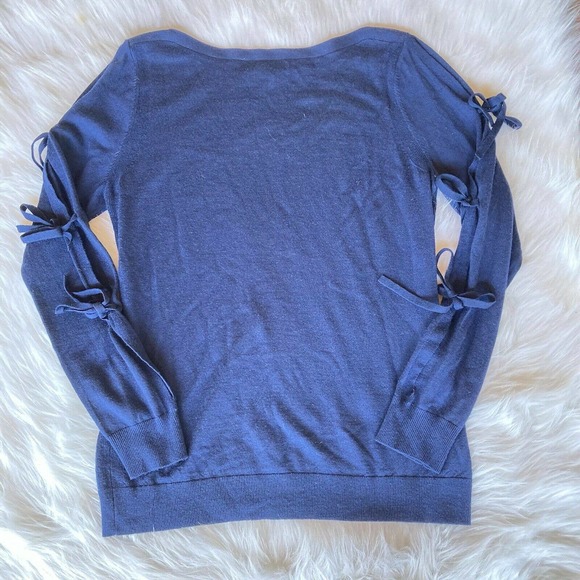 Banana Republic Sweater Sz S 100% Merino Wool Tie Bow Sleeves Navy Blue Womens - Picture 7 of 10